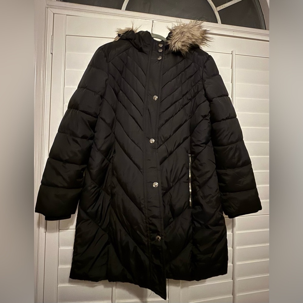 Women's London Fog Black Quilted Puffer Coat with Faux Fur Hood